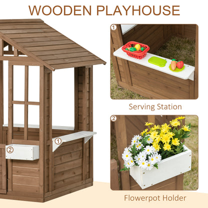 Outsunny Kids Wooden Playhouse, Outdoor Garden Games Cottage, with Working Door, Windows, Flowers Pot Holder, 47" x 38" x 54"