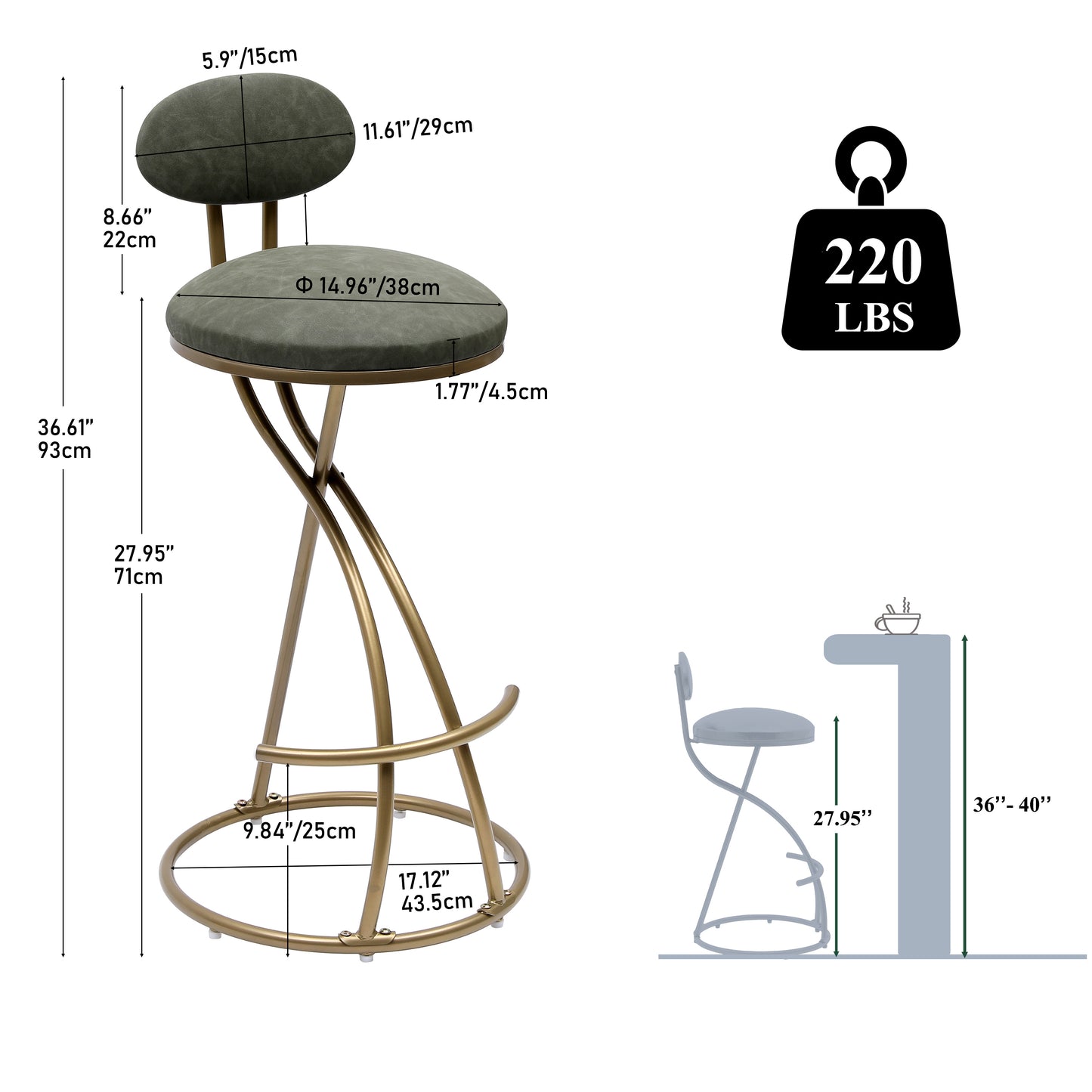 Round Bar Stool Upholstered Dining Stools for Kitchen Counter Set of 2 Modern Dining Chairs with Backrest & Footrest  (Gold & Green)