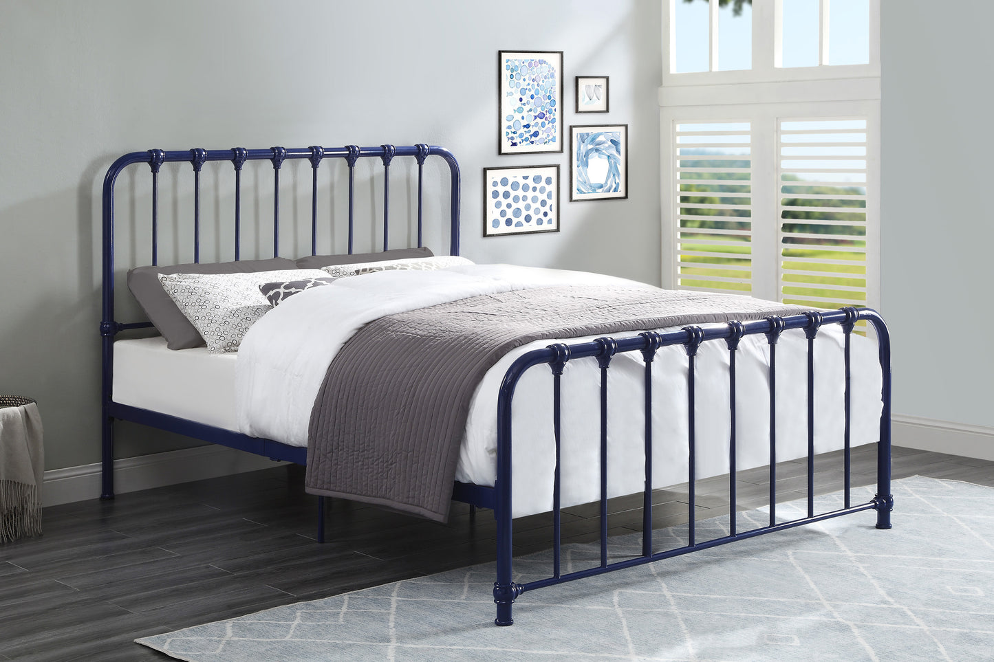 Metal Bed Blue Finish Full Platform Bed 1pc, Bed in a Box