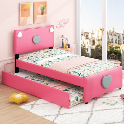 Twin Size Upholstered Platform Bed with Trundle and Heart Shaped Decoration, Dark Pink