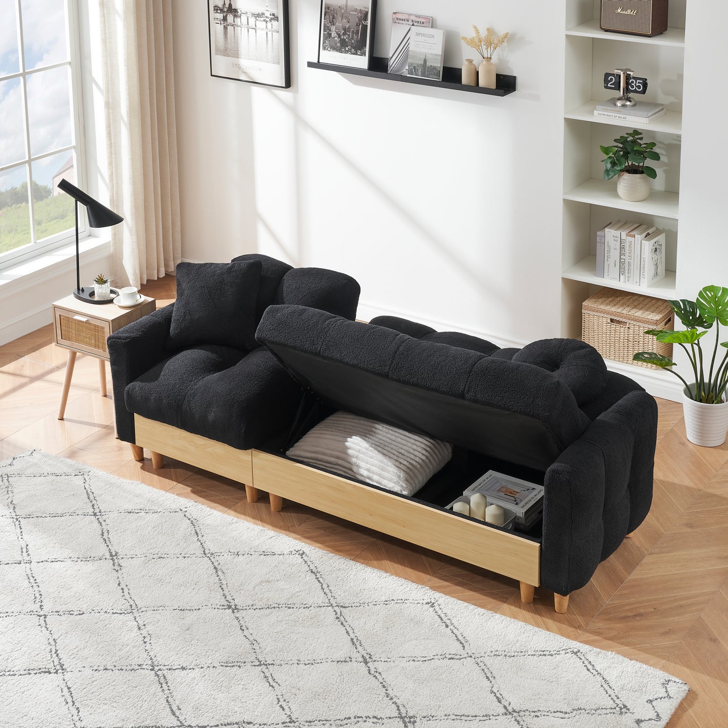 84.64 inches  black three-person sofa lift sofa bed with locker sofa bed, sofa soft and comfortable, suitable for bedroom, living room