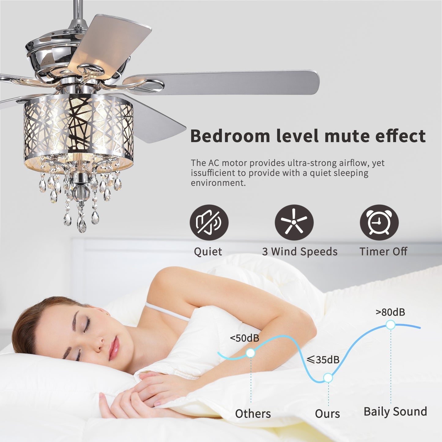 Elegant Metal  52-inch Ceiling Fan (Optional Remote&2 Color Option Blades)  or Bedroom, Living Room, Dining Room--Chrome