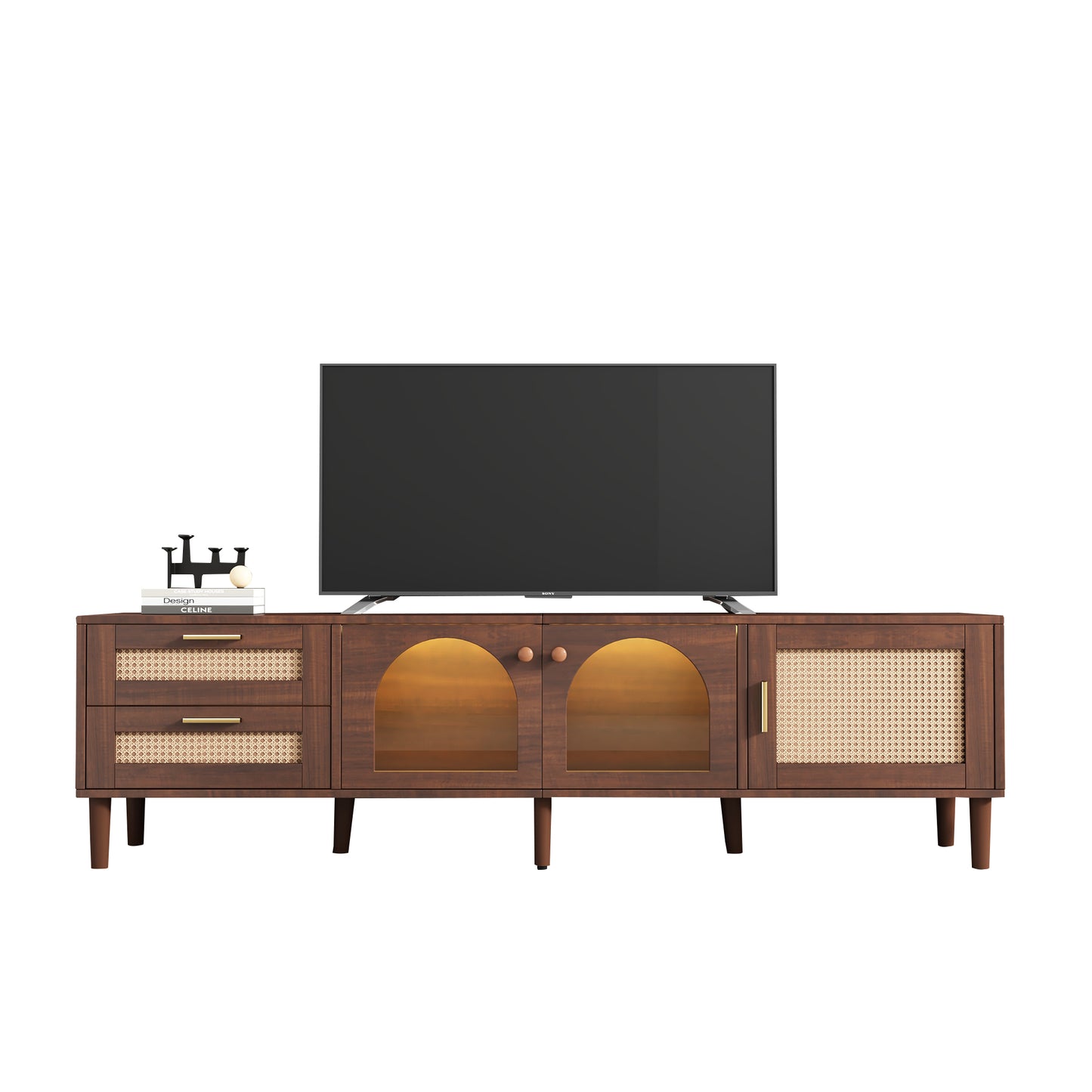 Rattan TV Stand with 3 Cabinets & 2 Drawers, Rattan-inspired Media Console Table for TVs up to 80'', LED Light Entertainment Center, TV cabinet for Living room, Bedroom, Home Theatre