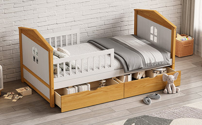 Twin Size House Shape Bed with Drawers and Safety Fence Guardrails Bed Toddler Bed for Girls Boys,No Box Spring Needed, Walnut and White