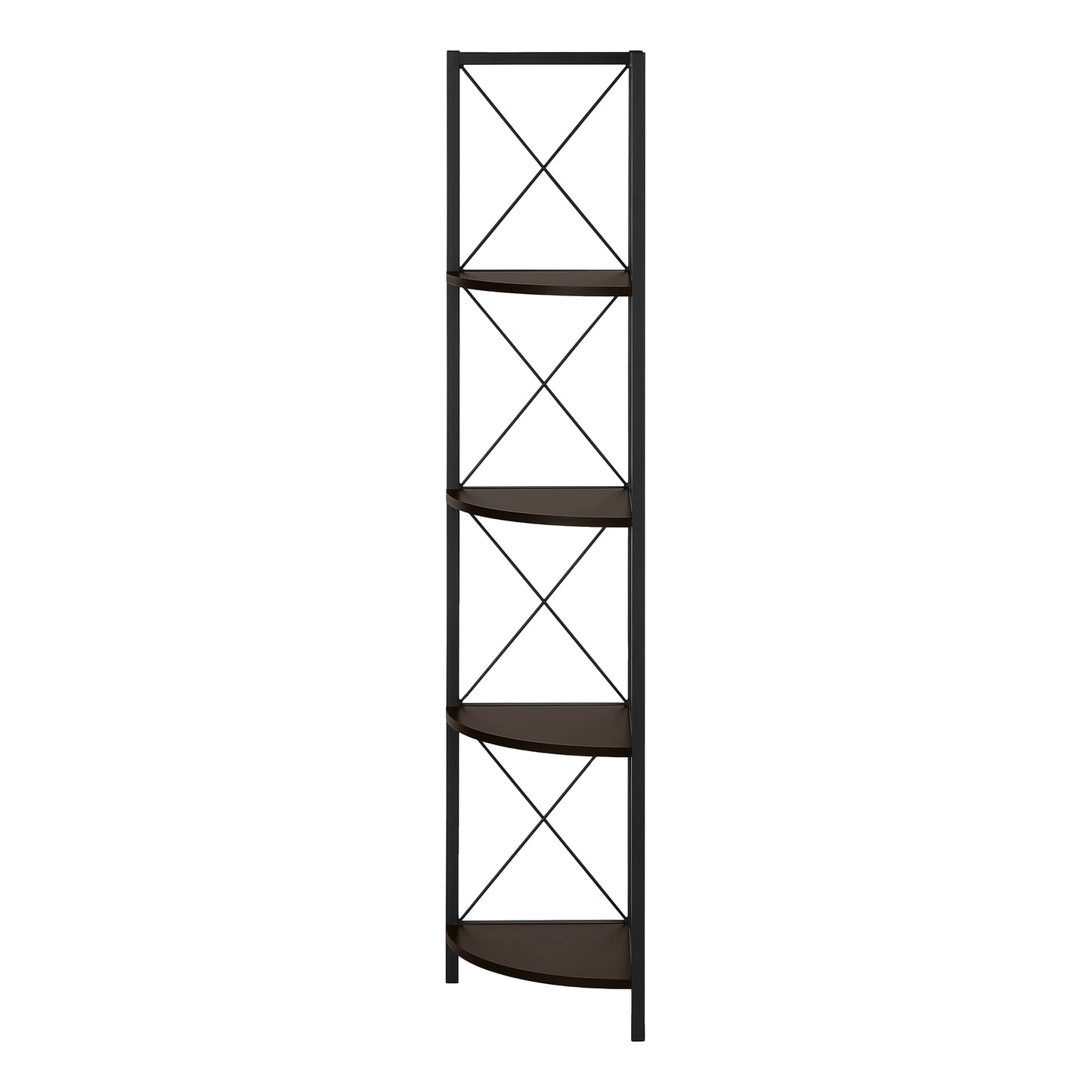 Bookshelf, Bookcase, Etagere, Corner, 4 Tier, 60"h, Office, Bedroom, Brown Laminate, Black Metal, Contemporary, Modern