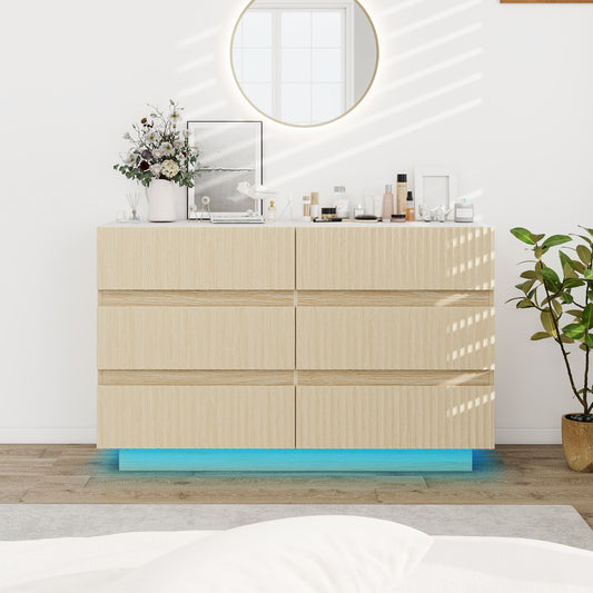 Fluted 6 Drawers Dresser ,Double Dresser Chest of Drawers, 47.24" Modern Chest of Drawers with LED ,Drawer Organizer for Bedroom, Living Room, Hallway