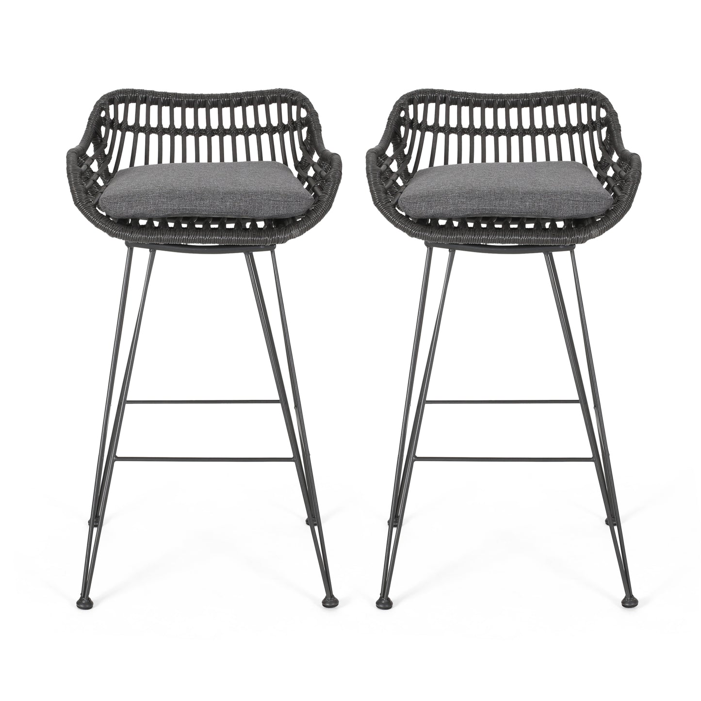 Outdoor Wicker Barstool with Cushions, Set of 2, Grey