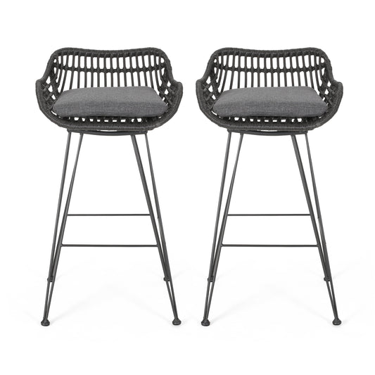 Outdoor Wicker Barstool with Cushions, Set of 2, Grey