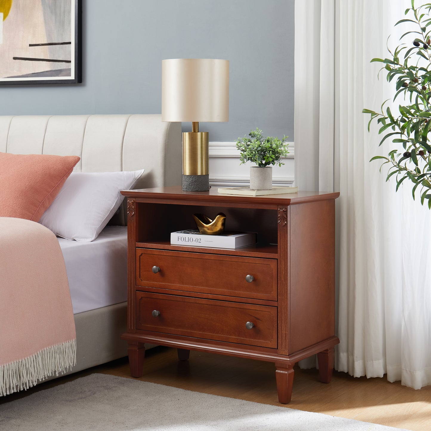 Open Space and 2 Drawers Dresser Nightstand with Charging Station, Farmhouse End Table with USB Ports and Outlets, Fluted Pilasters Design Side Table with Solid Wood Legs for Bedroom