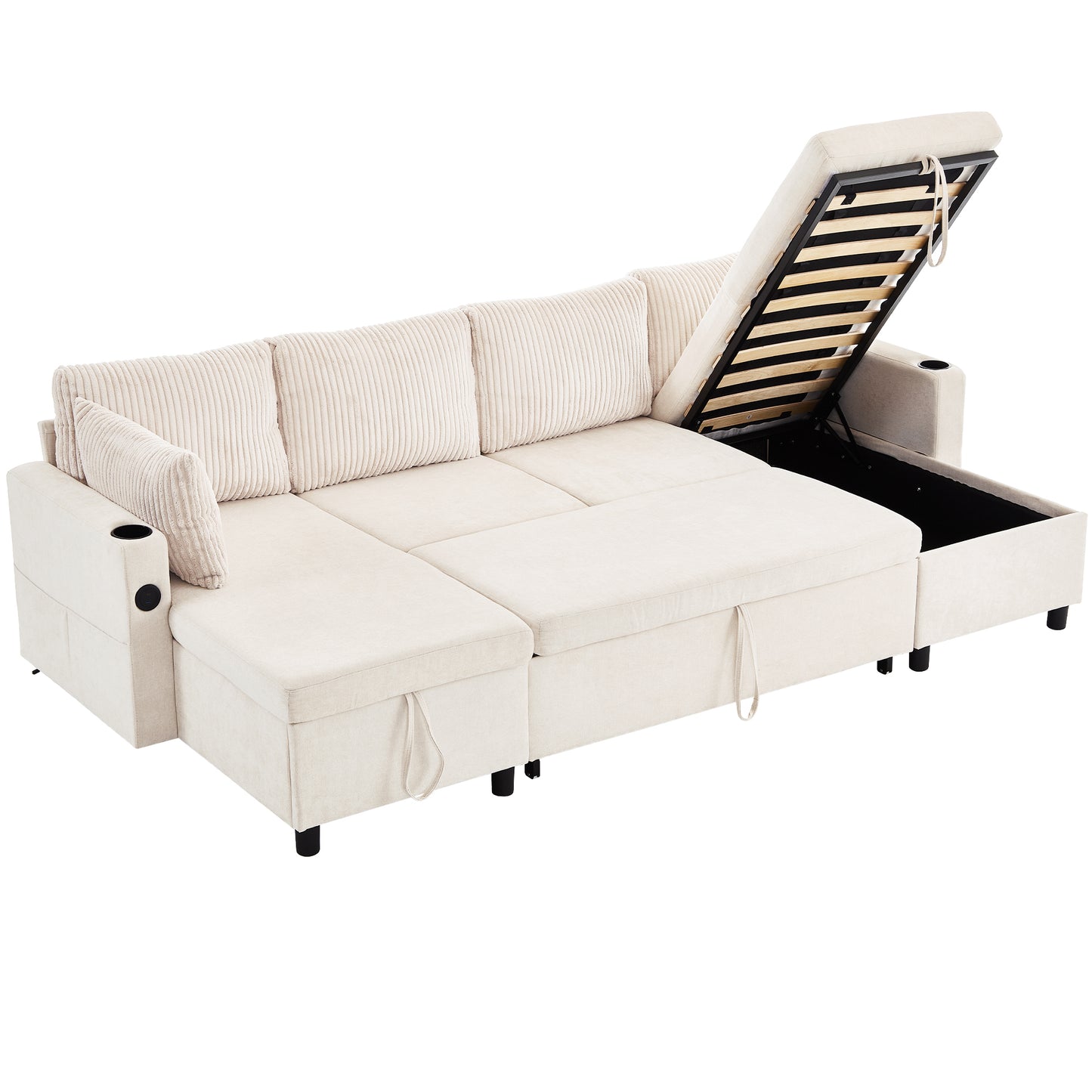 111.8" Sectional Sofa Pull-out Sofa Bed Versatile Sofa Sleeper with Large Storage Space, Two USB Ports and Two Cup Holders for Living Room, Beige