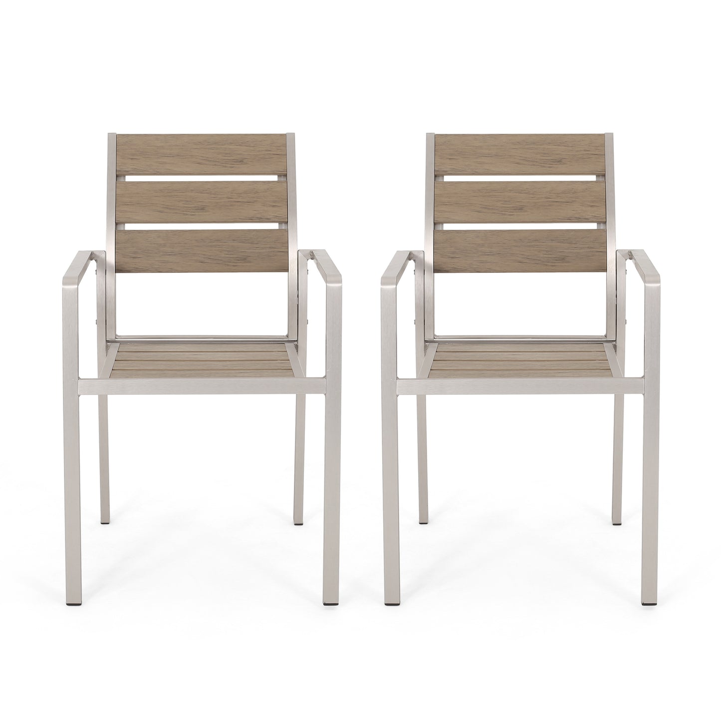 Dreamlan Outdoor Aluminum Dining Chair with Faux Wood Seat, Set of 2, Natural and Silver