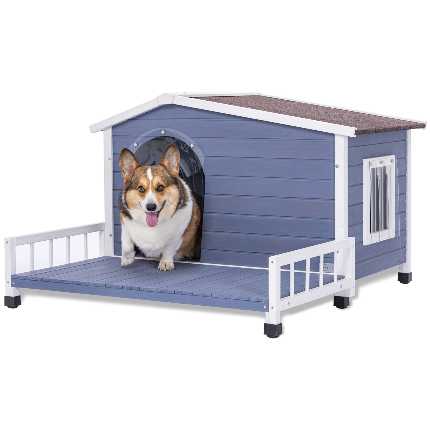 Large Wooden Dog House Indoor Outdoor with Terrace and Open Waterproof Asphalt Roof, Outdoor Dog House with Raised Floor, Windows and Door Curtains, Suitable for Small  and Medium Dogs