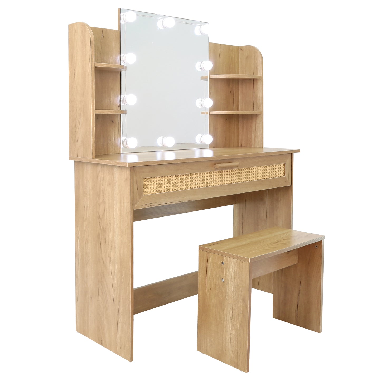 Vanity Desk Set Stool & Dressing Table with LED Lighting Mirror Drawer and Compartments Modern Wood Cosmetic Table Chest of Drawers Nature Color