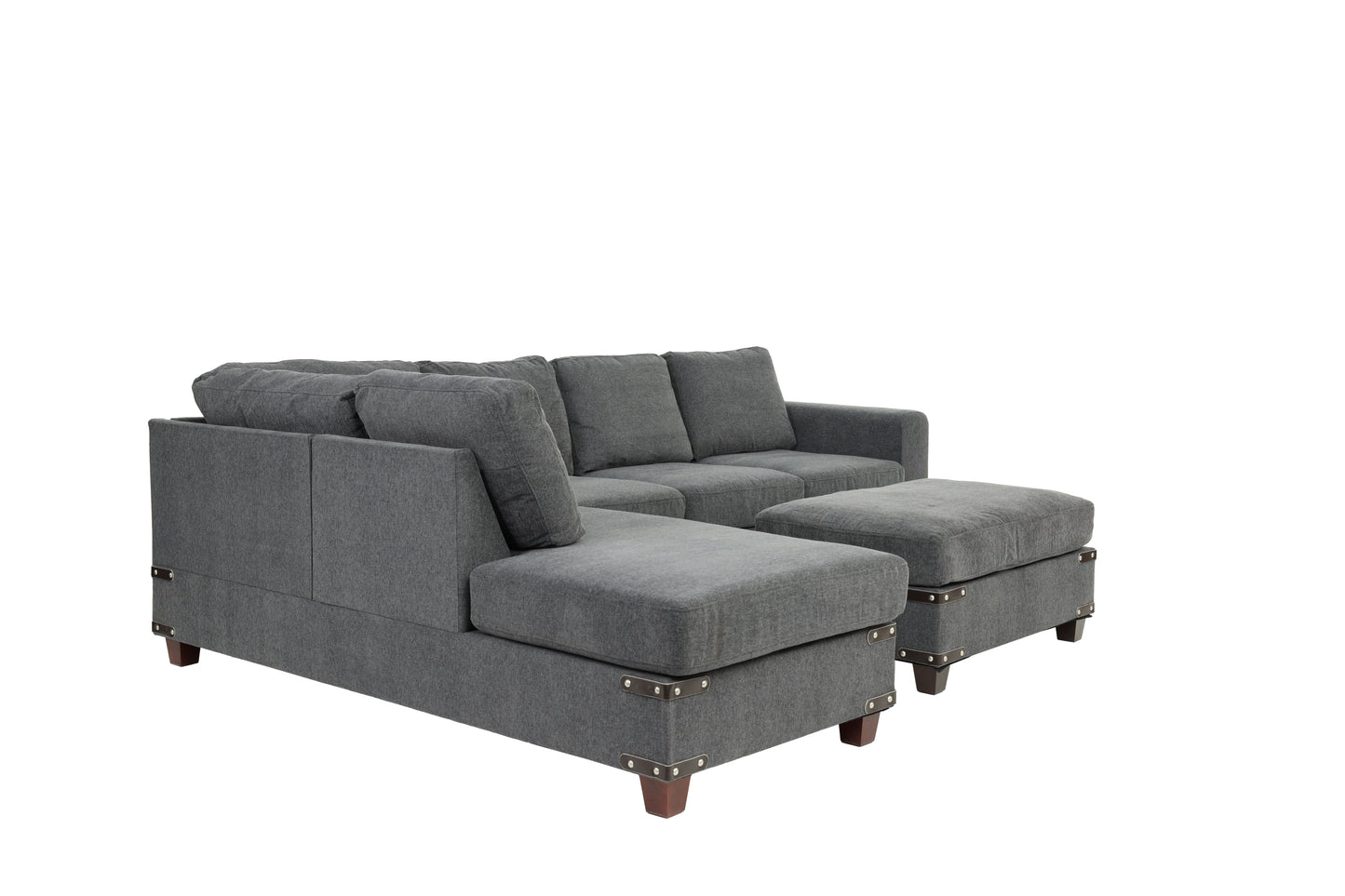 Living Room Furniture Charcoal Chenille Sectional w Ottoman Linen Like Fabric Sofa Reversible L/R Chaise Ottoman 3pc Sectional Sofa