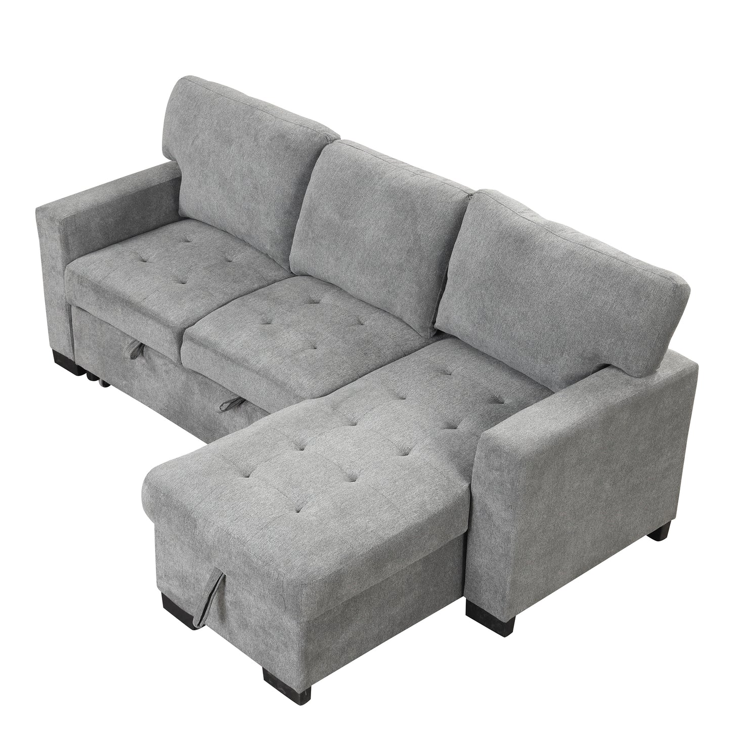 Stylish and Functional Light Chaise Lounge Sectional with Storage Rack Pull-out Bed Drop Down Table  and USB Charger Gray