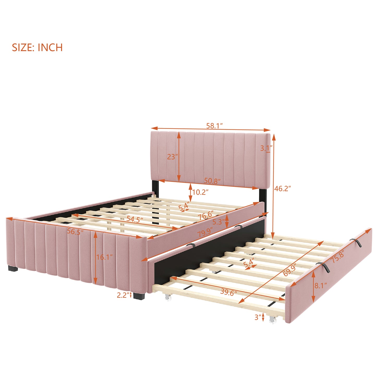 Full Size Velvet Upholstered Platform Bed with Twin Size Trundle, Pink