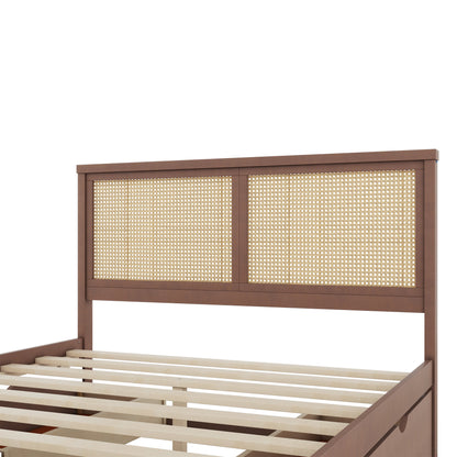 Queen Size Wood Storage Platform Bed with 4 Drawers, Rattan Headboard, Espresso