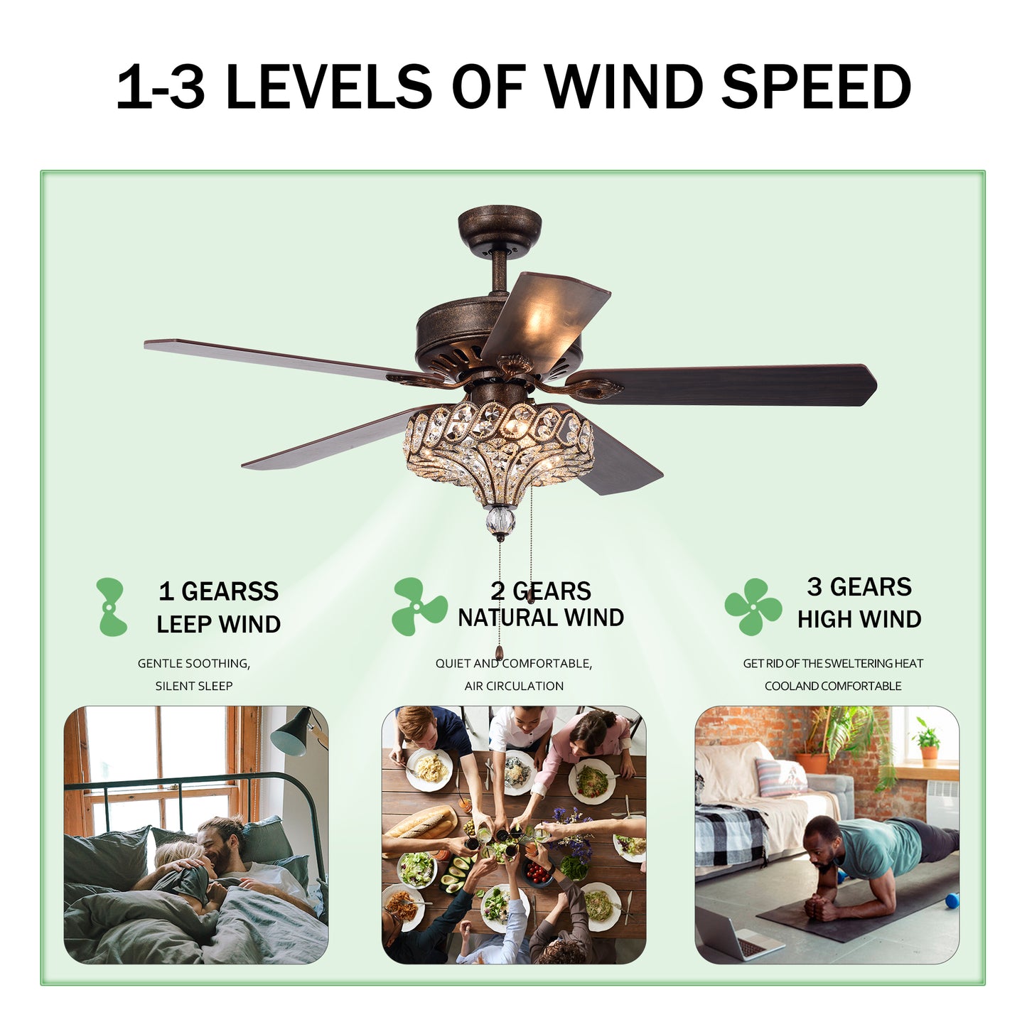 52'' Classical Crystal Ceiling Fan Lamp,3 Speed , 5 Reversible Blades for Living Room, Dining Room, Bedroom, Family Room, Rustic bronze ,3PCS*E12  (NO Include Bulb, Hand 
Pull Chain)