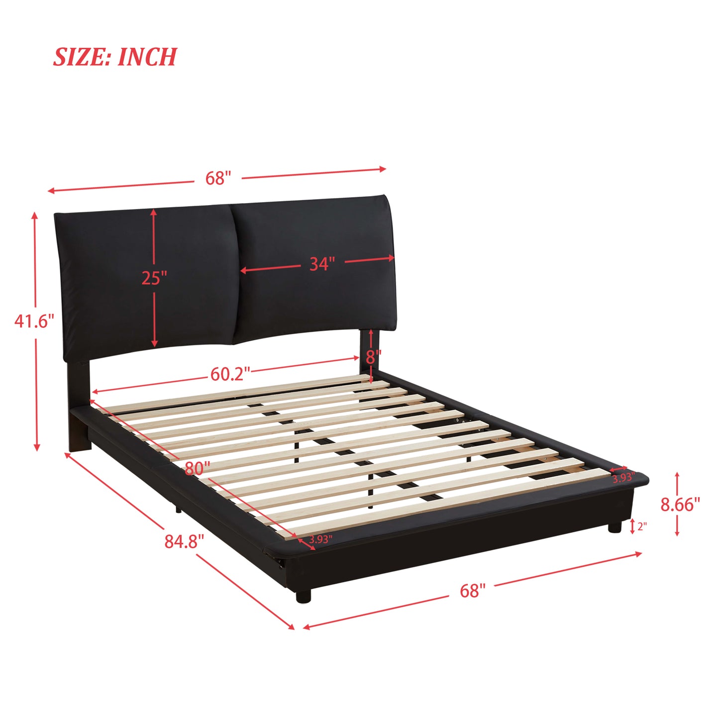 Upholstered Floating Bed Frame with Motion Activated LED Queen Size