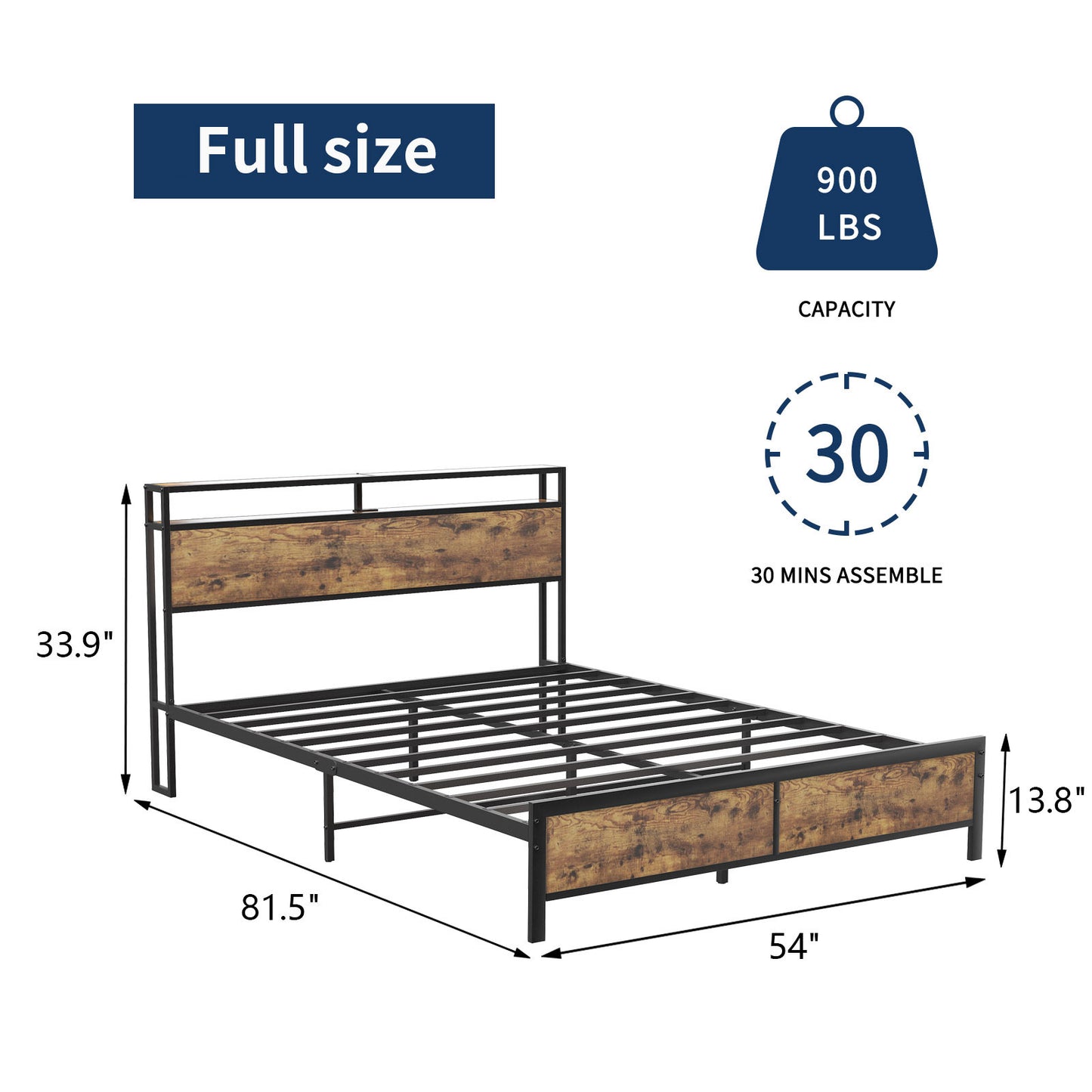 Industrial Full Bed Frame with LED Lights and 2 USB Ports, Bed Frame Full Size with Storage, Noise Free, No Box Spring Needed, Rustic Brown