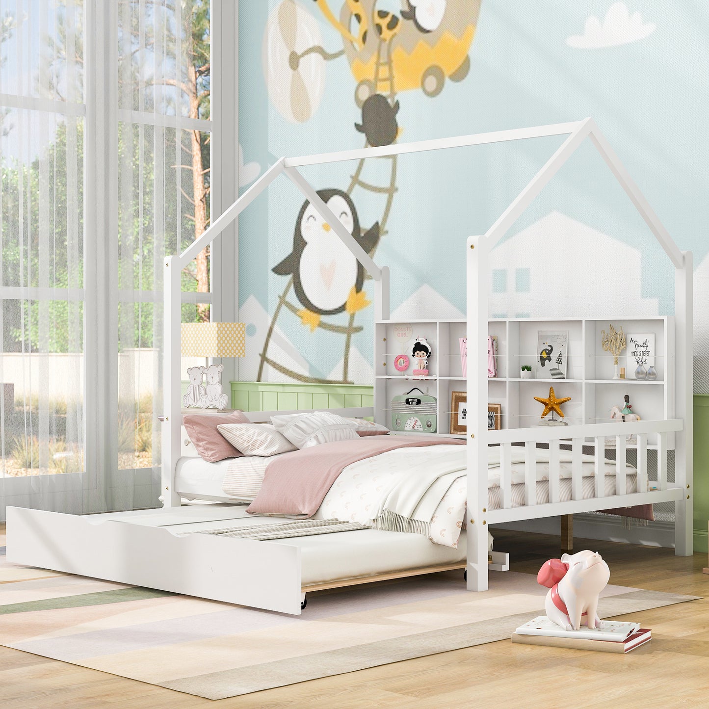 Wooden Full Size House Bed with Trundle,Kids Bed with Shelf, White