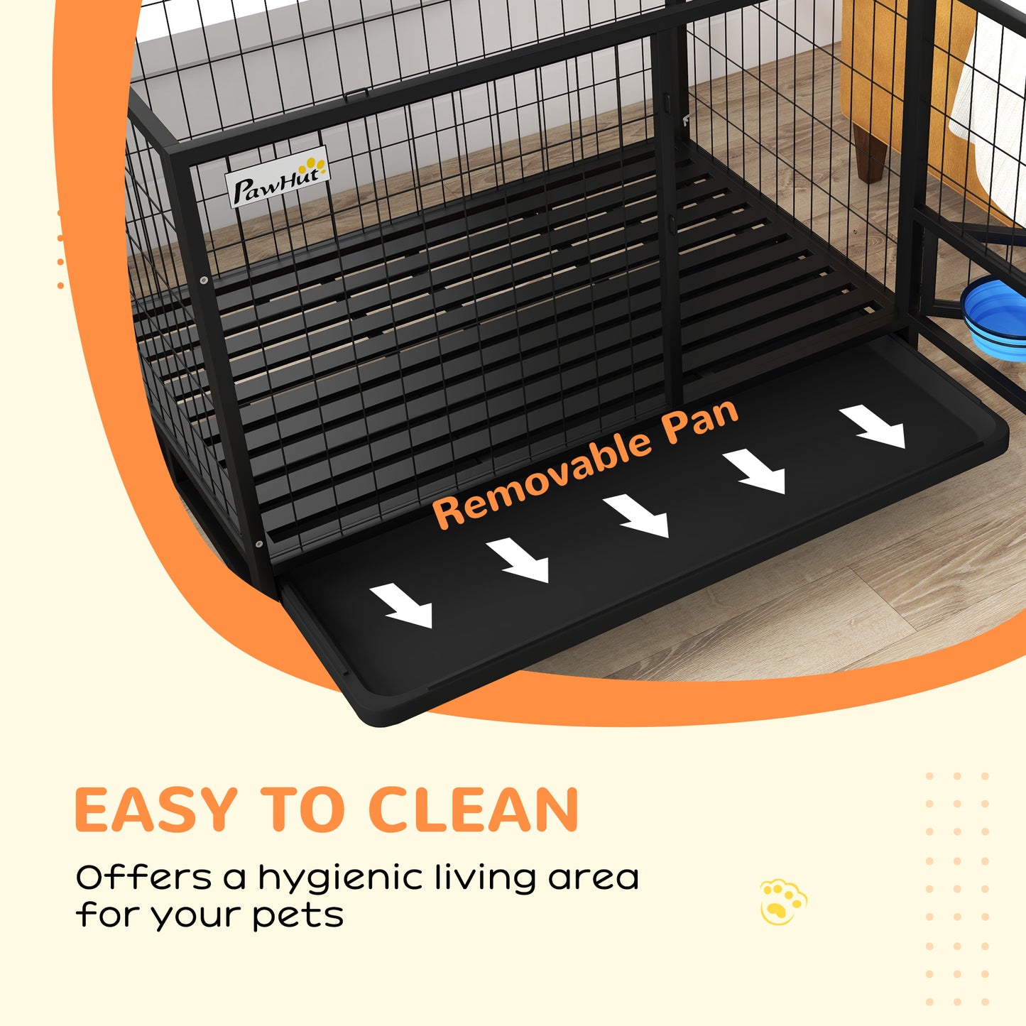 PawHut 43" Heavy Duty Dog Crate with Bowl Holder, Strong Steel Dog Crate with Wheels, Detachable Door, Openable Top and Removable Tray for Large and Extra Large Dogs, Black