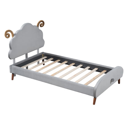 Twin Size Upholstered Platform Bed with Sheep-Shaped Headboard, Gray