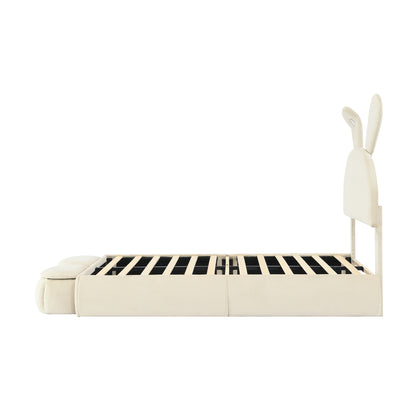 Twin Size Upholstered Platform Bed with Cartoon Ears Shaped Headboard and Light, Beige