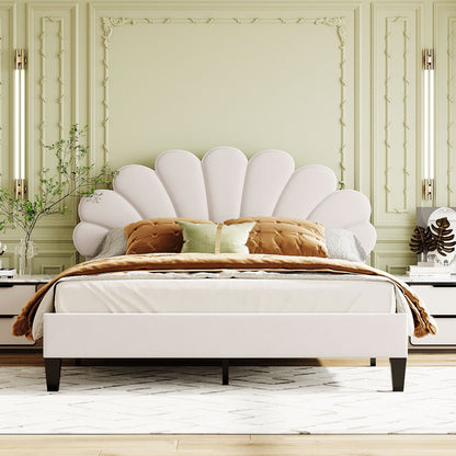 Queen Size Upholstered Platform Bed with Flower Pattern Velvet Headboard, Beige