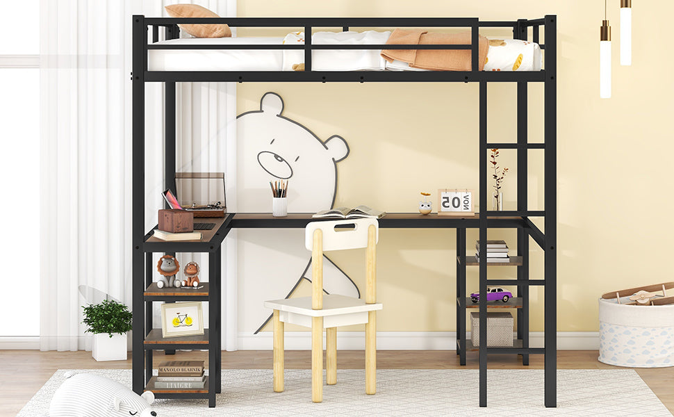 Full Metal Loft Bed with Desk and Shelves, Loft Bed with Ladder and Guardrails, Loft Bed Frame for Bedroom, Black with Vintage wood-colored desk(Old SKU: W1307S00022)