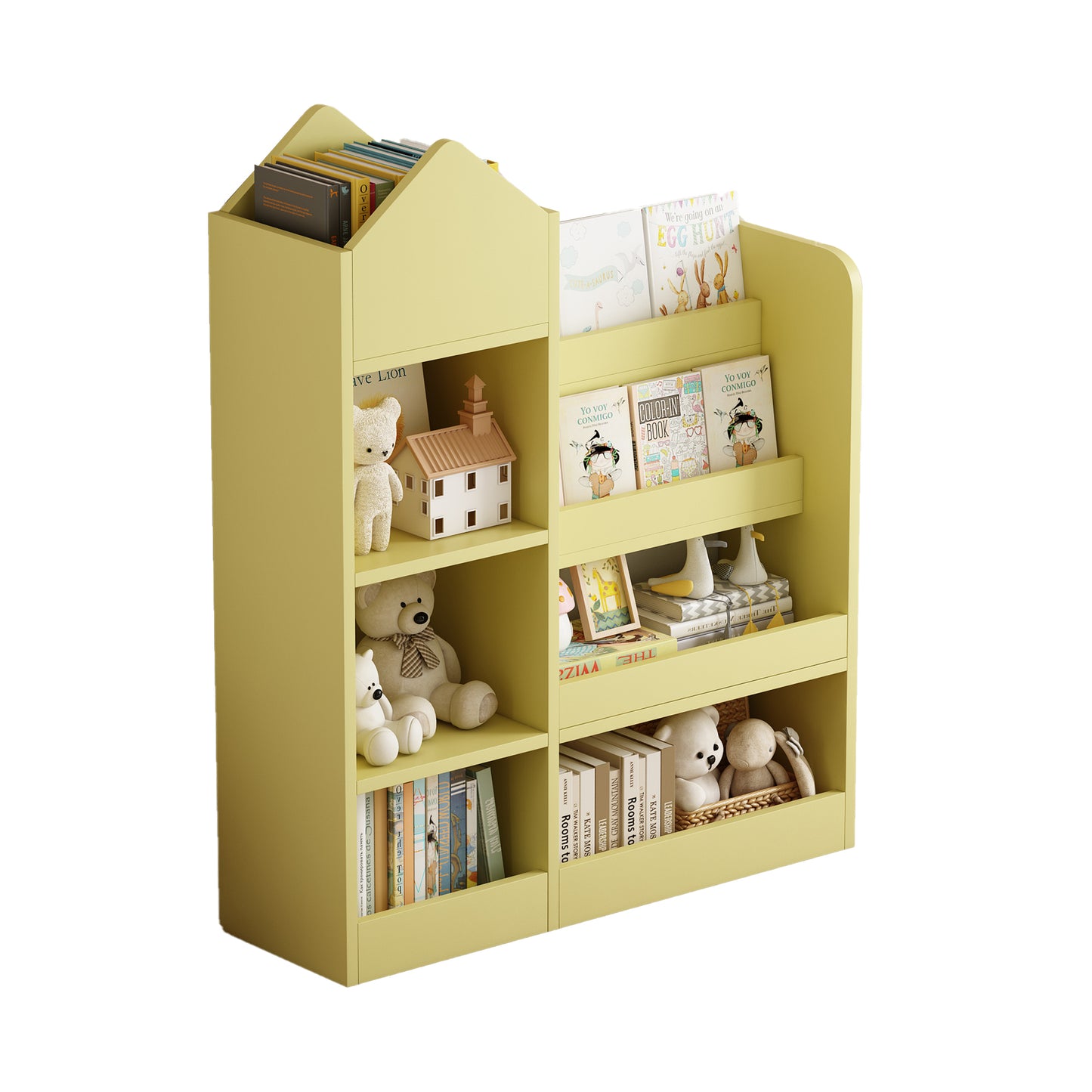 Yellow Kids Wooden Bookshelf Toy Storage Organizer with Bookcase, Kid's Bin Storage Unit with 6 Compartments 2 Baskets Bins Toys Box Organizer, Children Multi Shelf Cubby for Books, Toys Shelf