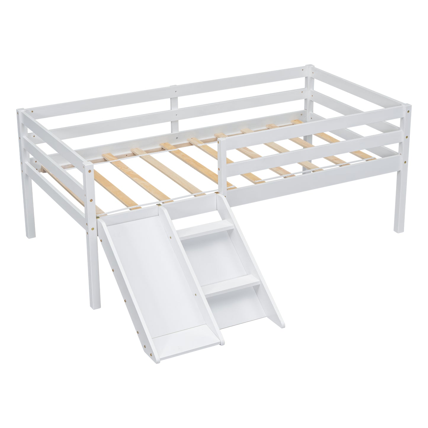 Twin Low Loft Bed with Slide,  Ladder, Safety Guardrails, No Box Spring Needed,White