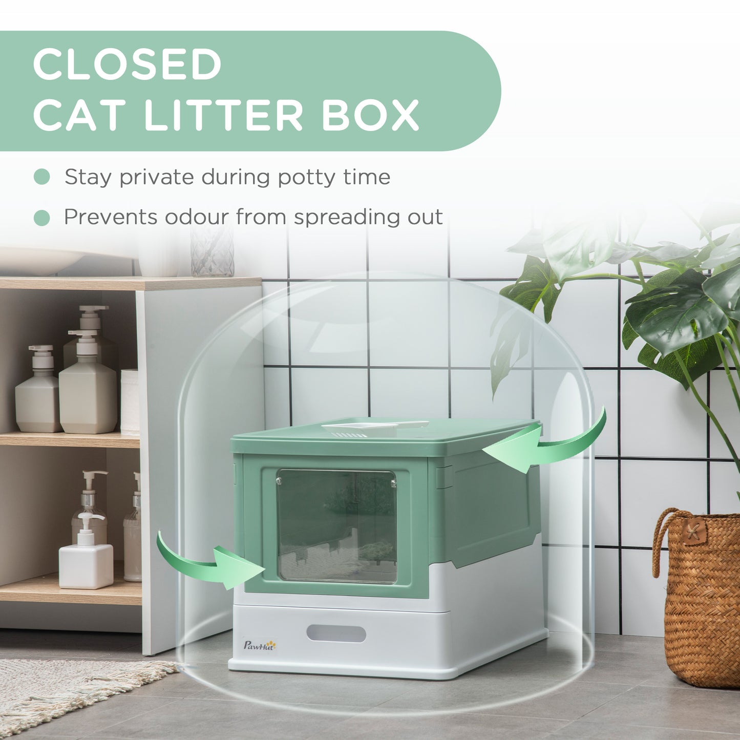 PawHut Fully Enclosed Cat Litter Box with Scoop, Hooded Cat Litter House with Drawer Type Tray, Foldable Smell Proof Cat Potty with Front Entry, Top Exit, Portable Pet Toilet with Large Space, Green