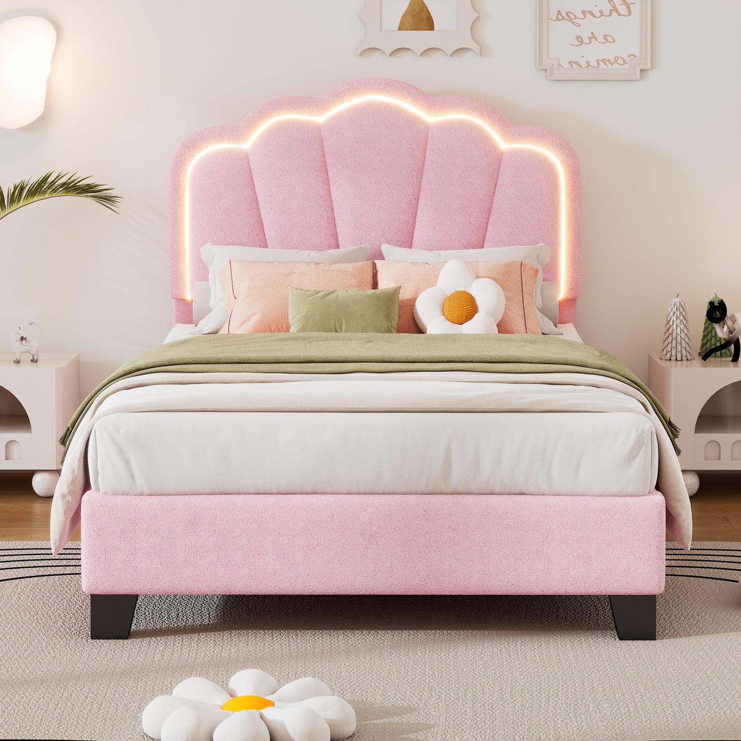 Twin Size Upholstered Flower-Shape Bed, Elegant Flowers Headboard with LED Light Strip ,Sherpa Fabric Platform Bed with Wooden Slats Support, Pink