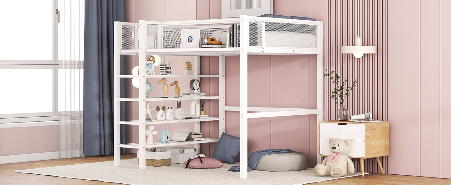 Twin Size Metal Loft Bed with 4-Tier Shelves and Storage, White