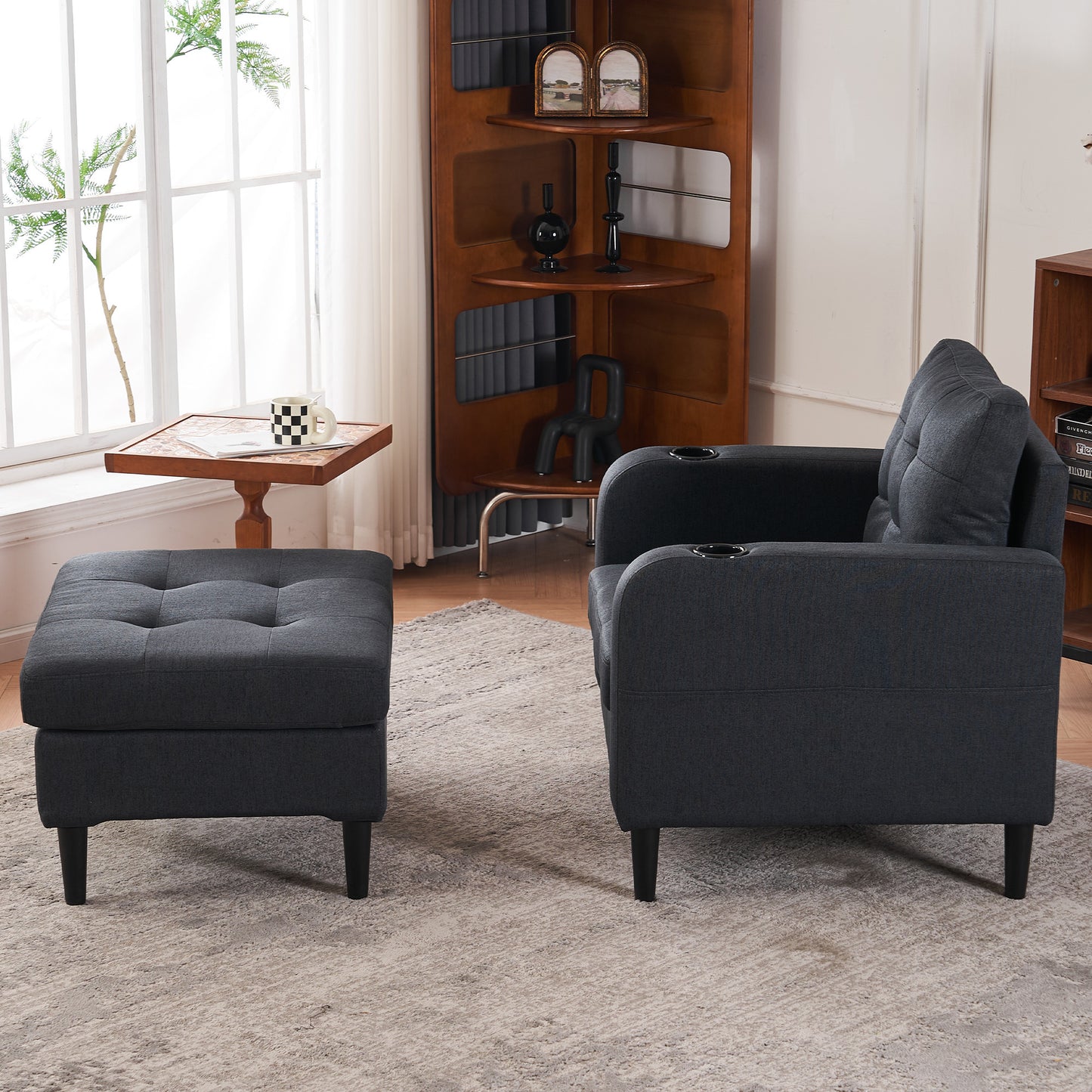 Dark Gray Upholstered Armchair and Storage Ottoman Set - Comfortable Single Sofa with Cup Holders and Tufted Detailing, Ideal for Living Room or Bedroom