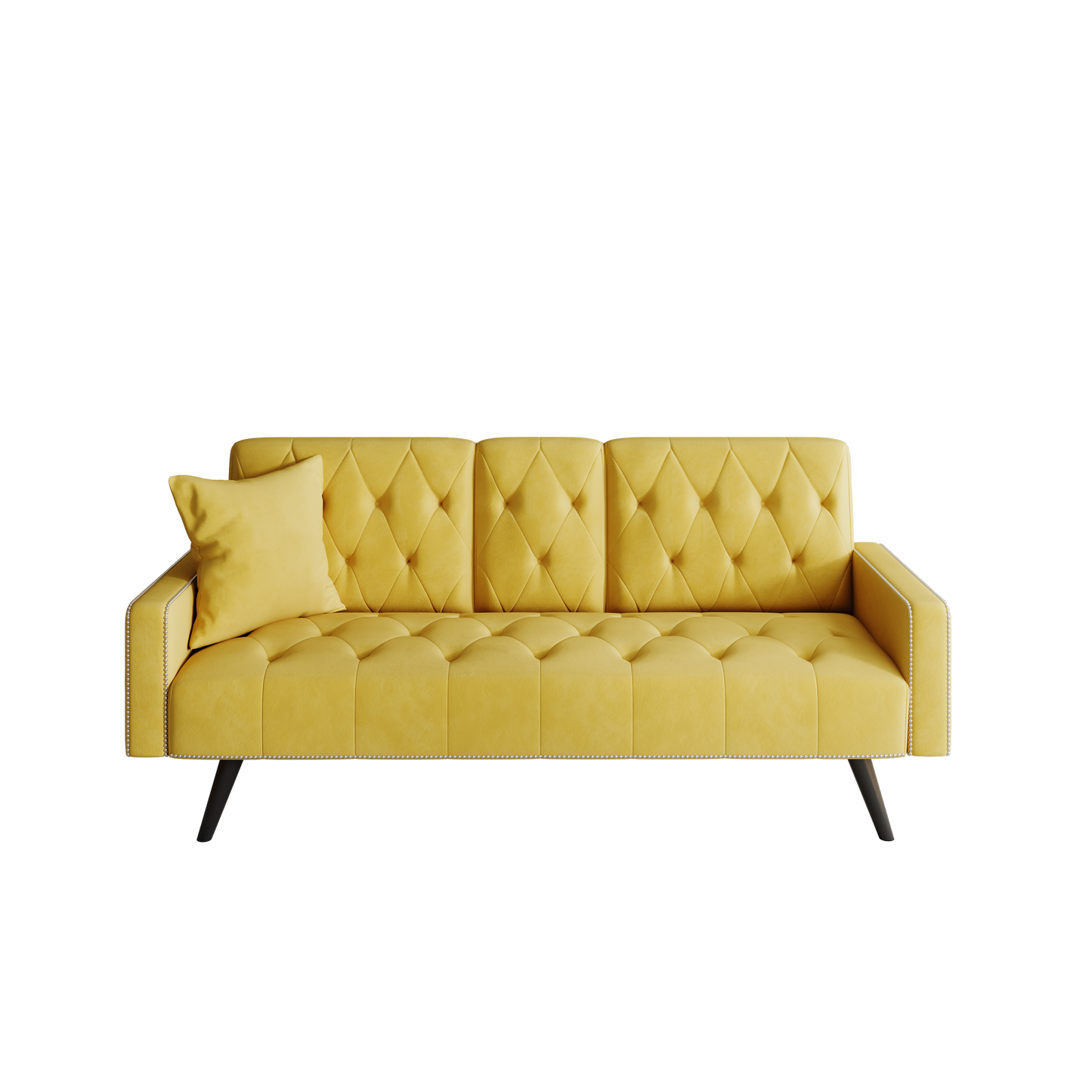 Compact Yellow Velvet Sofa Bed with Nailhead Trim Armrests & Dual Cup Holders - Perfect for Small Spaces, 72-Inch Length