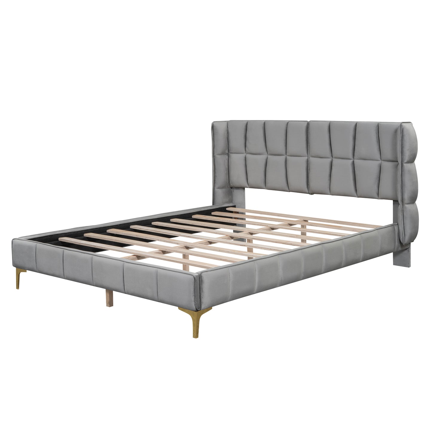 Queen Size Upholstered Velvet Platform Bed, Gray