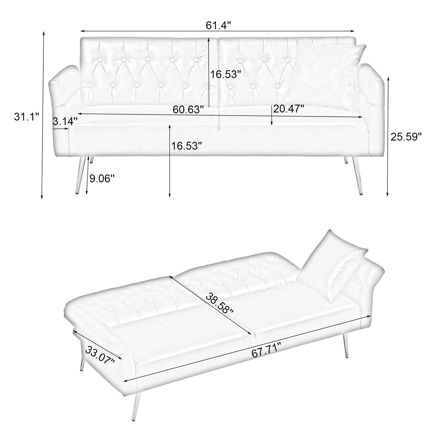 67.71 Inch Faux leather sofa bed with adjustment armres