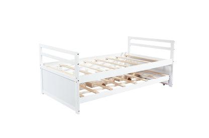 Twin Size Bed with Headboard, Footboard, Trundle and Three Storage Drawers, Twin Size Pine Wood Bed with Headboard, Footboard,White