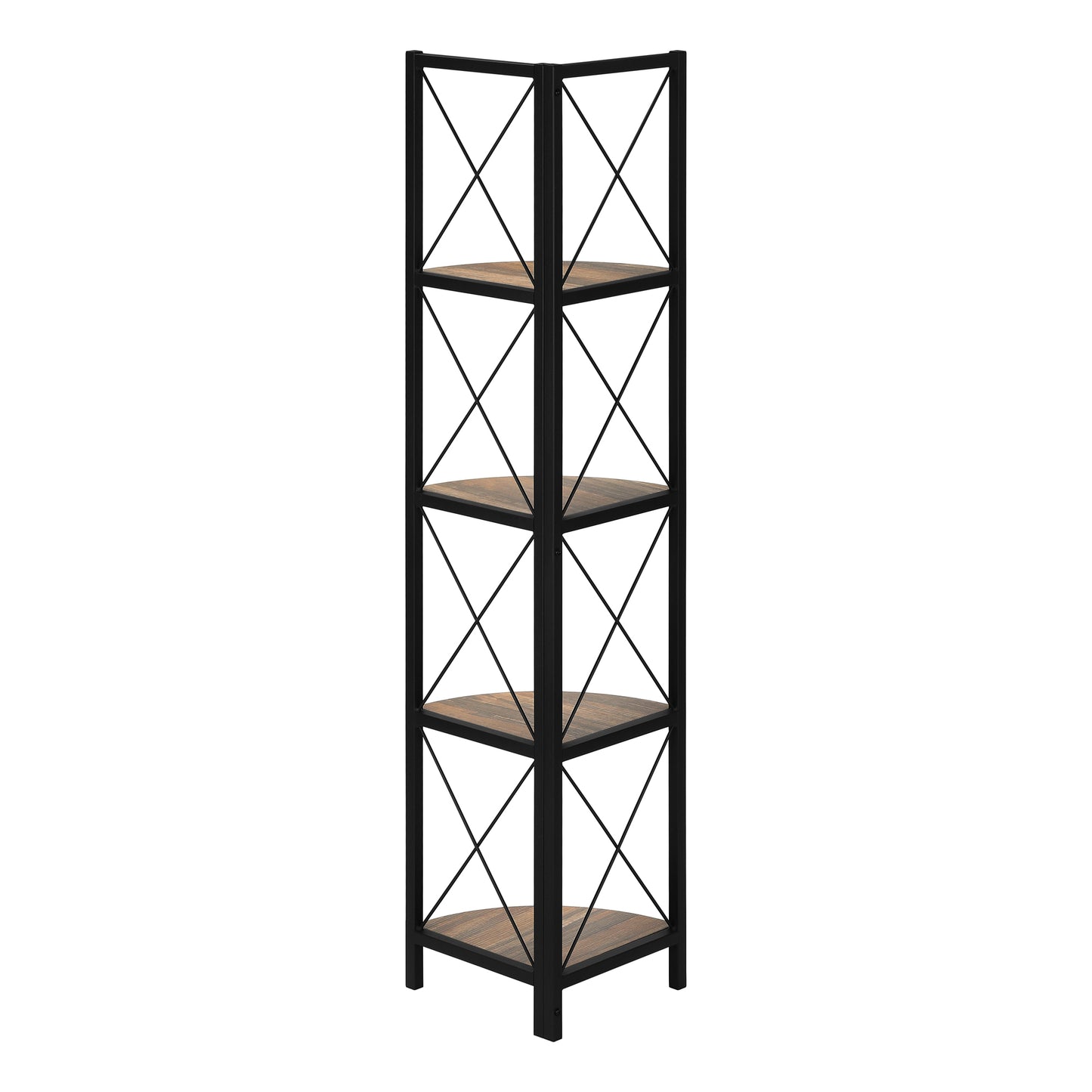 Bookshelf, Bookcase, Etagere, Corner, 4 Tier, 60"h, Office, Bedroom, Brown Laminate, Black Metal, Contemporary, Modern