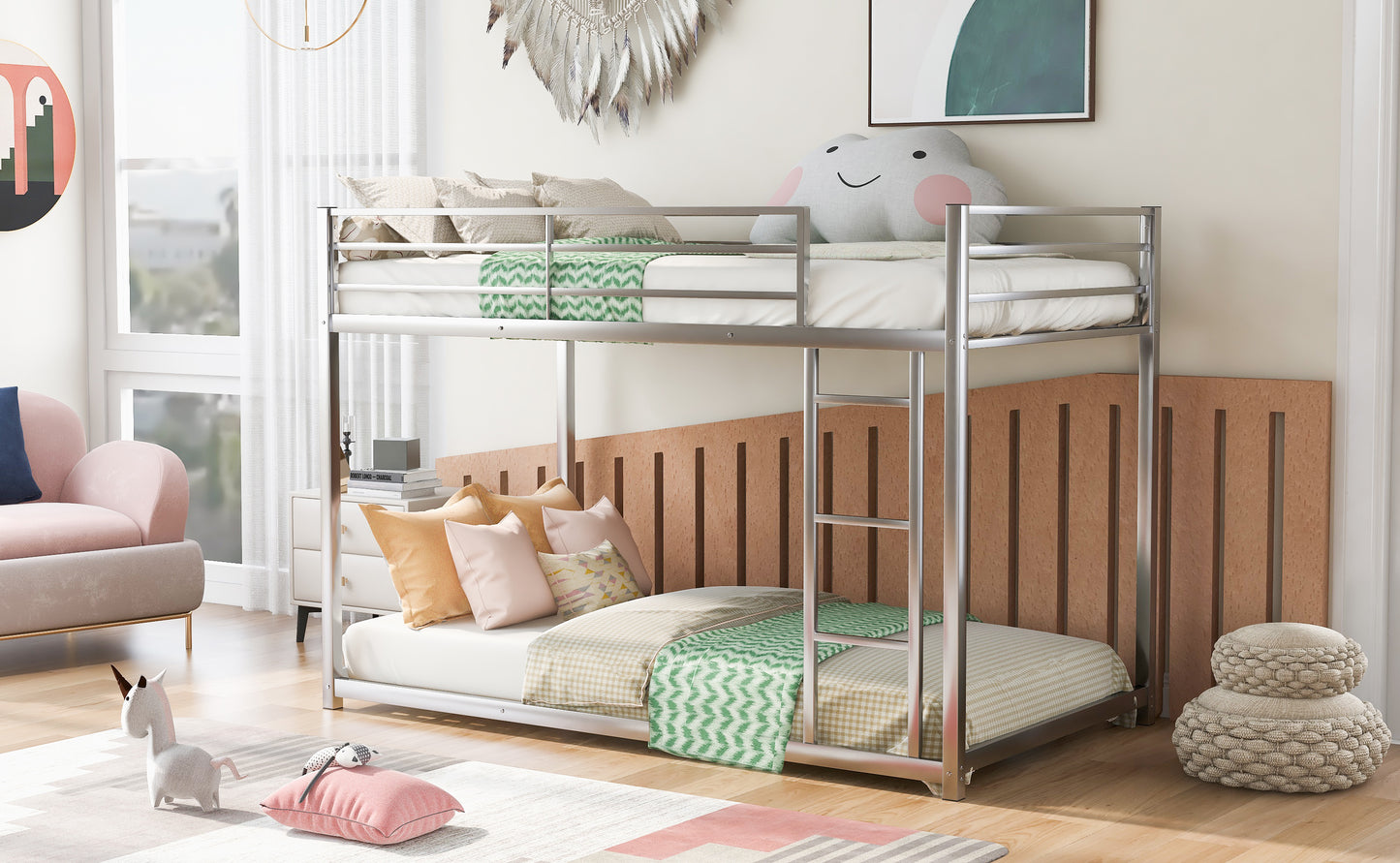 Twin over Twin Metal Bunk Bed, Low Bunk Bed with Ladder,Silver(OLD SKU:WF282465AAN)