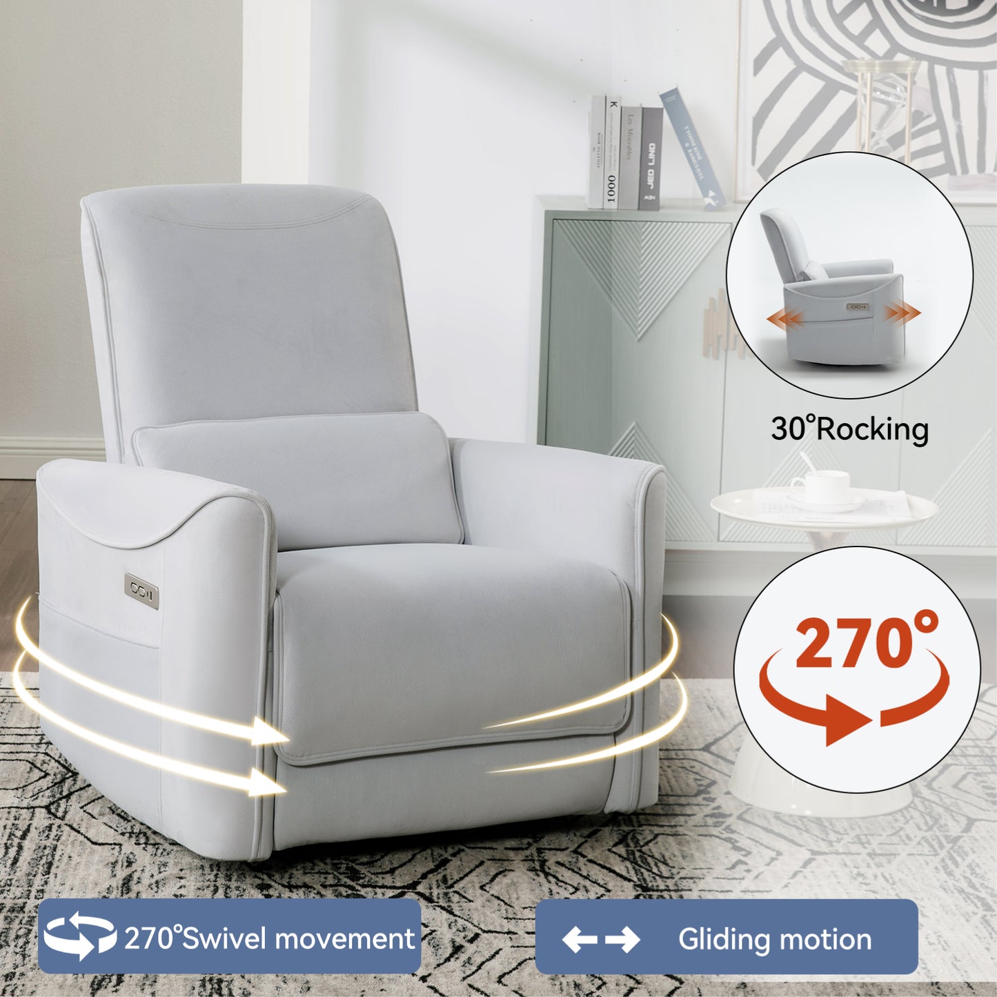 Beige Swivel and Rocker Power Recliner Chair, Heavy Duty Motion Mechanism with USB and Type-C Ports