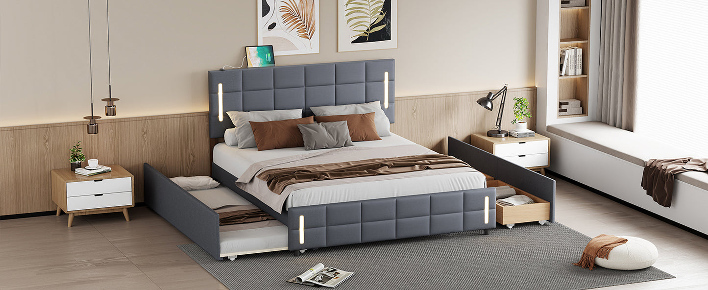 Queen Size Upholstered Platform Bed with Trundle and Drawers, Gray