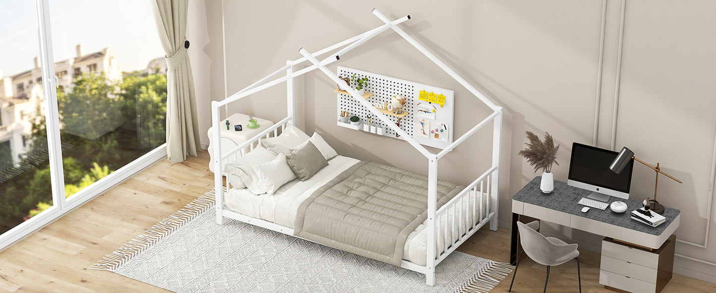 Twin Size Metal House Platform Bed, White