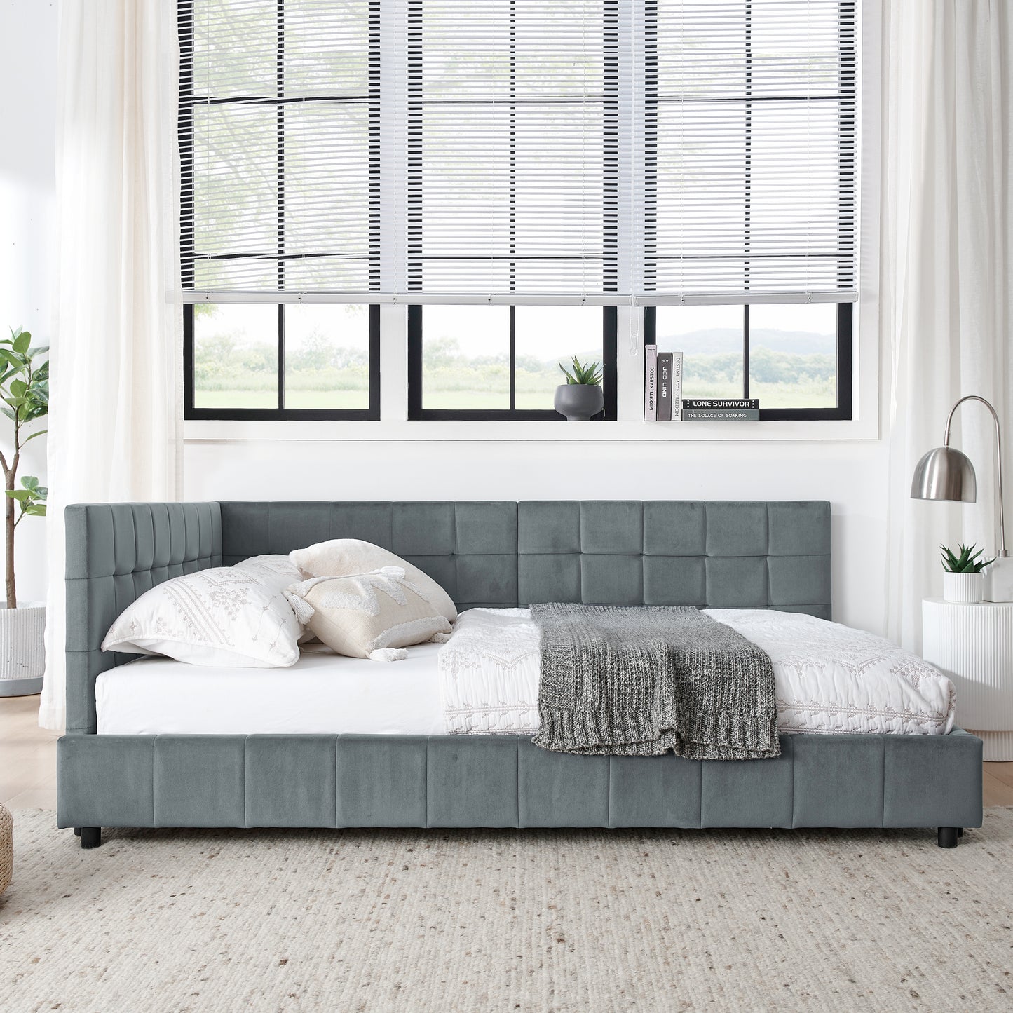 Full Size Upholstered Tufted Bed Frame, Sofa Bed Frame with Comfortable Backrest and Armrests, Full Size Bed for Bedroom, Living Room,Velvet, Grey(80.5''*59''*30.5'')