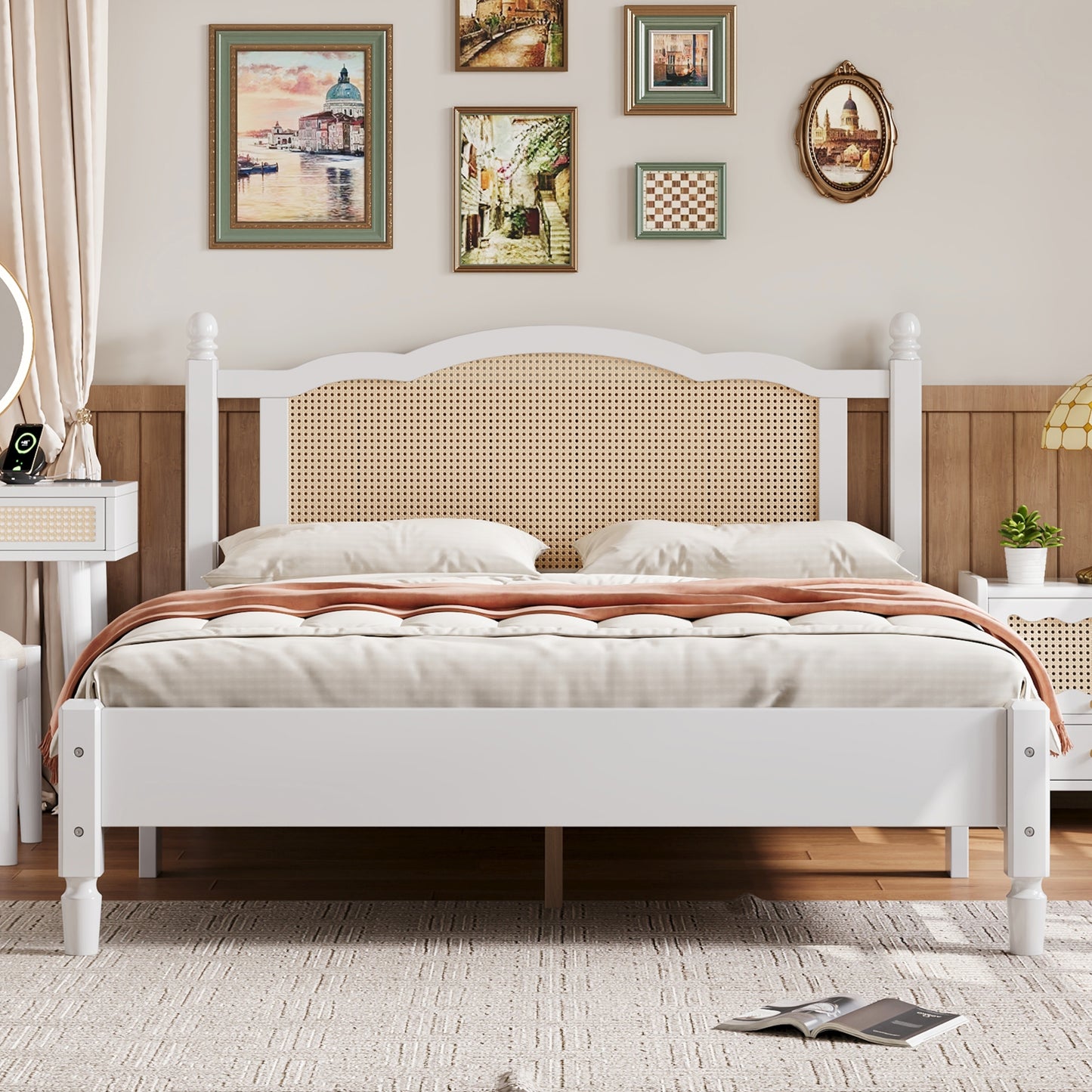 Queen Size Wooden Platform Bed with Natural Rattan Headboard, Vintage Bed Frame with Wooden Slat Support, White