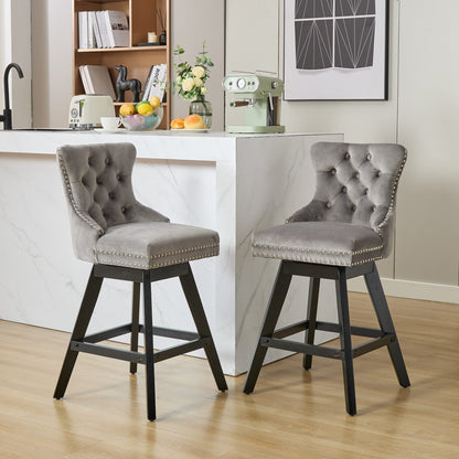 Swivel Velvet Barstools with Button Tufted Decoration and Wooden Legs, and Chrome Nailhead Trim, Leisure Style Bar Chairs,Bar stools, Set of 2 (Gray),SW1860GY