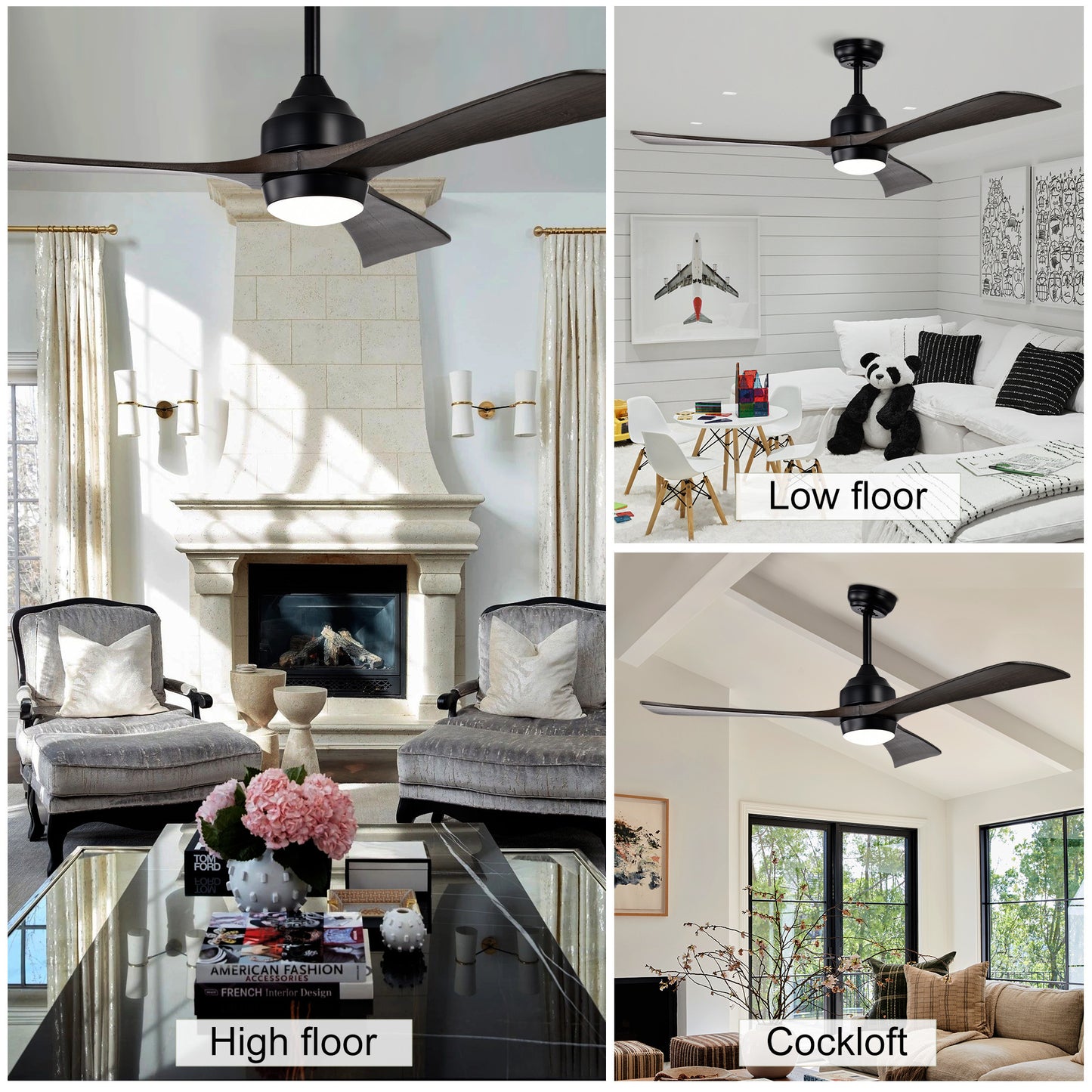 52" Ceiling Fan with Lights Remote Control,Quiet DC Motor 3 Blade Ceiling Fans 6 Speed Levels,Reversible Ceiling Fan, for Patio Living Room, Bedroom, Office,Indoor.(Matte Black +Black Walnut )