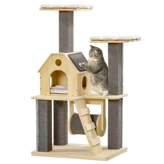 PawHut Cozy-House Cat Tree for Indoor Cats with Pillow-Covered Perches, Spinning Toy, Modern Climbing Activity Cat Tower with Scratching Posts, Cat Condo, Ladder, Natural